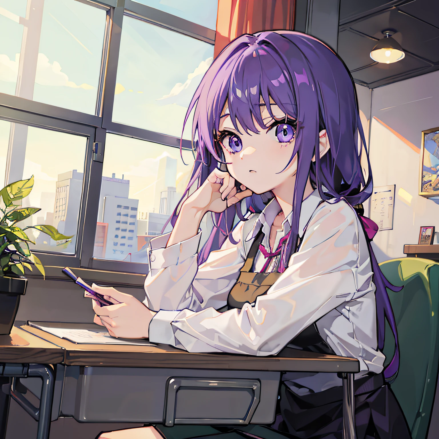 Anime girl sitting at a desk with a cell phone in her hand - SeaArt AI