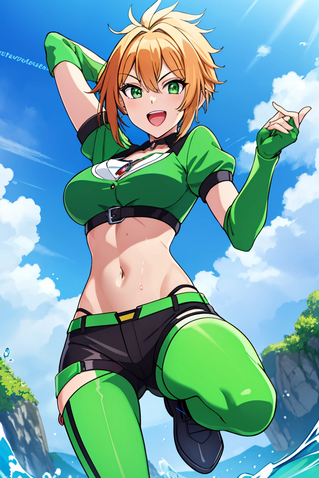 "​masterpiece, best qulaity, saturated colors, dynamic perspective, long silver hair, green eyes, Outdoor, Crop-Top, underbust, perspiration, braces, mini skirt, amazing body"