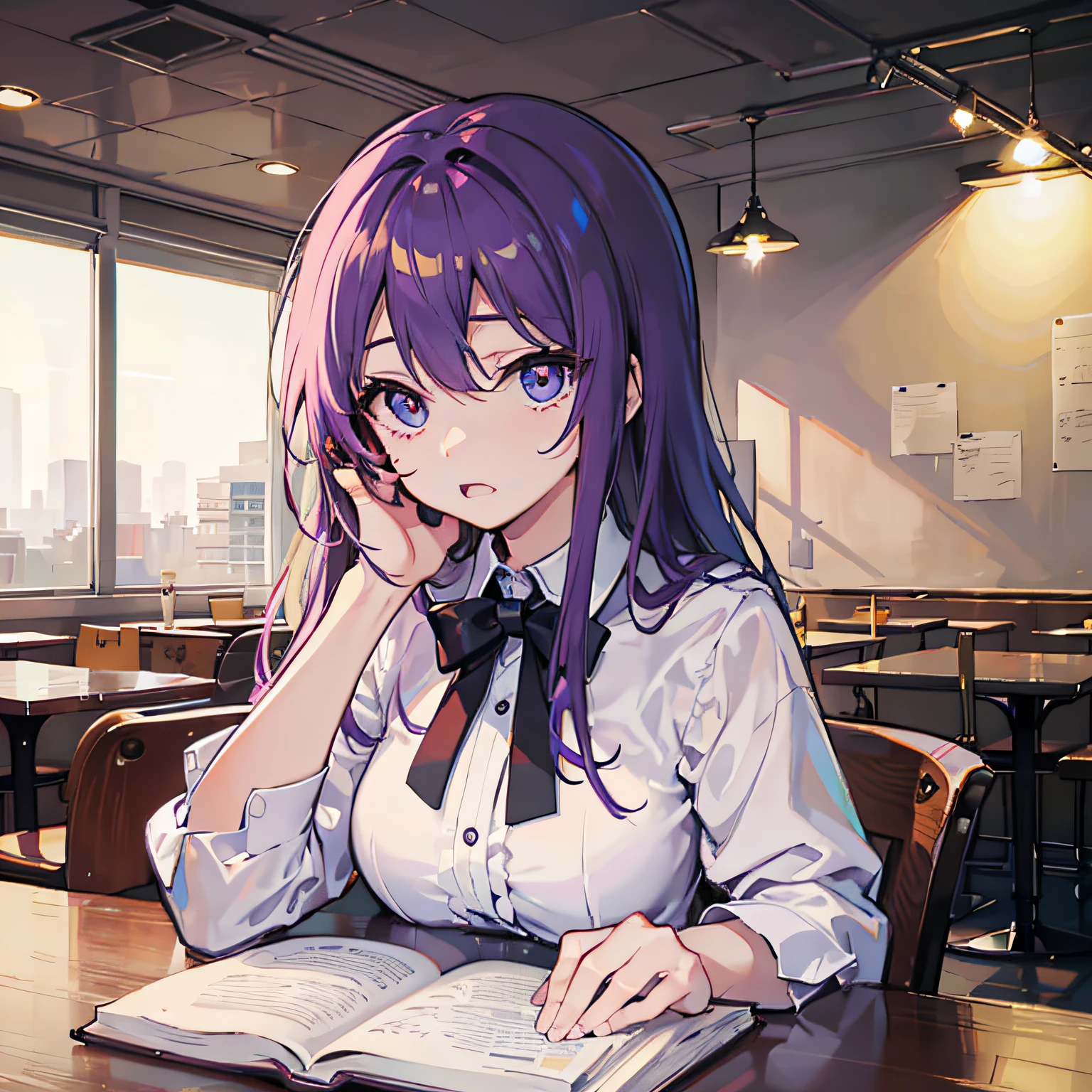 Anime girl sitting at a table with a book and a phone - SeaArt AI