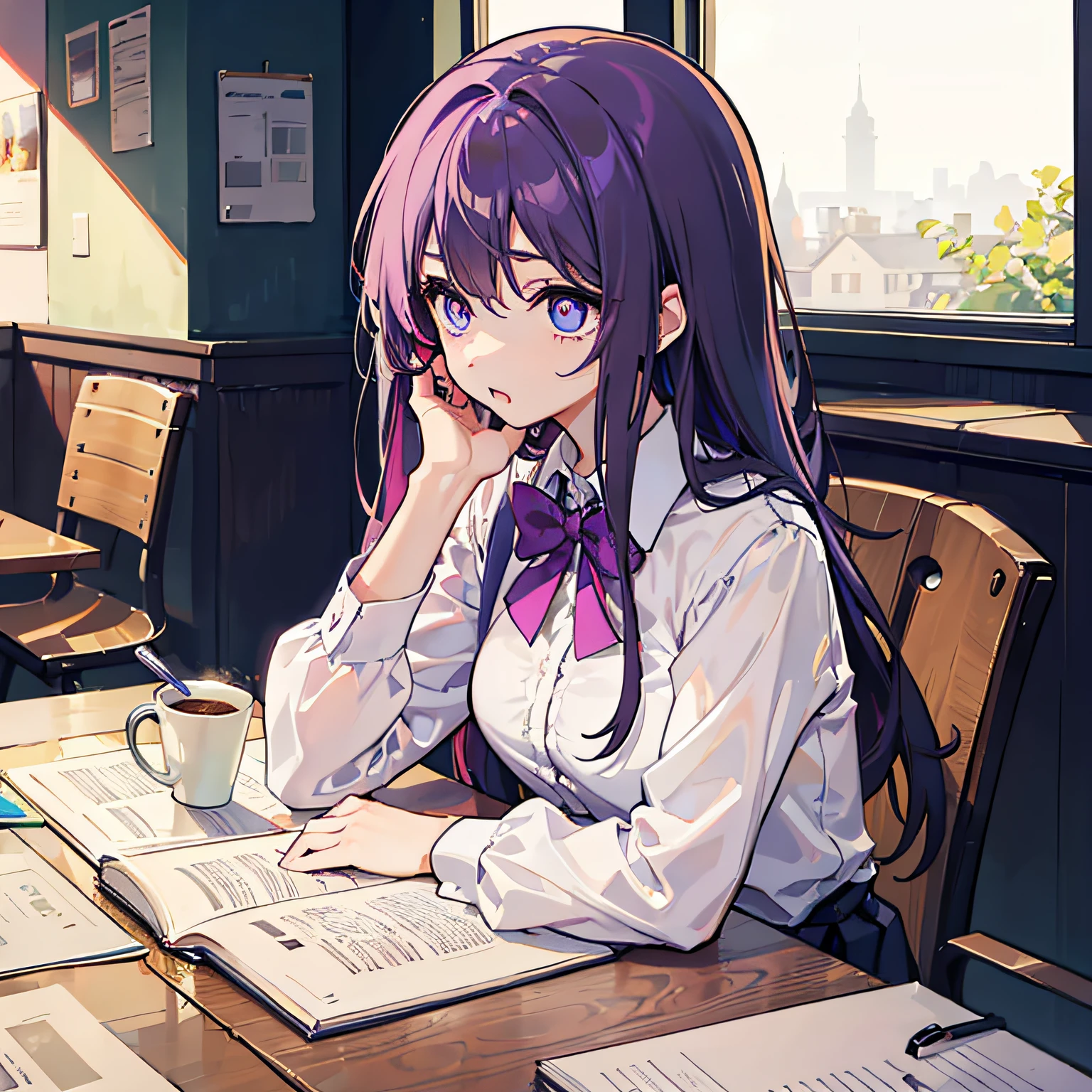 Anime girl sitting at a table with a cup of coffee - SeaArt AI