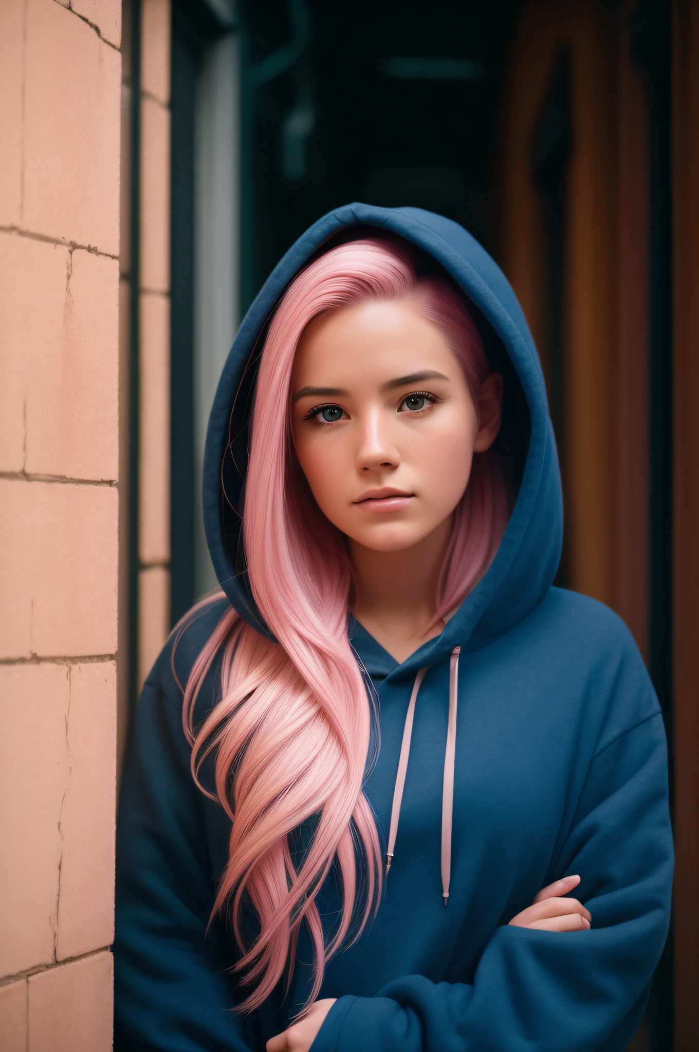 (close-up editorial photo of 20 yo woman, wearing hoodie, looking at ...