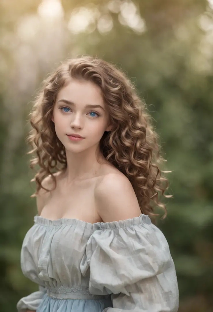 "Full body portrait of a charming girl with curly hair, petite figure, beautiful face, captivating blue eyes, and modest bust si...