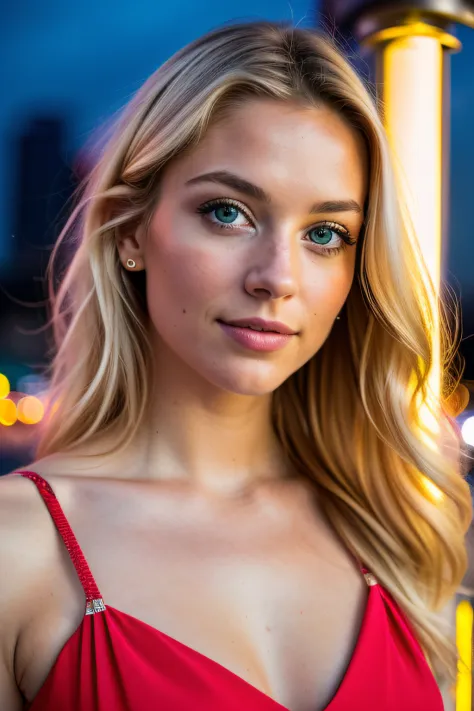 RAW uhd portrait of 24-year-old blonde close-up, Natural blonde hair, castles, Wavy, (brown-eyed woman) in the apartment, Prehistory of New York City, night starry sky, ,natutal breasts_b, The background of the night night of the city, (Red Summer Dress), ...
