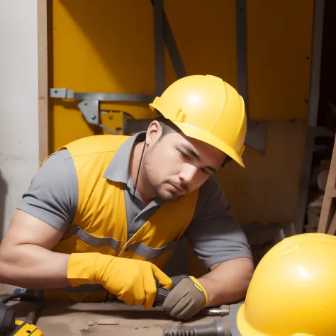 A worker wearing a yellow helmet and safety vest, concentrate while handling an electric drill to fix metal beams.