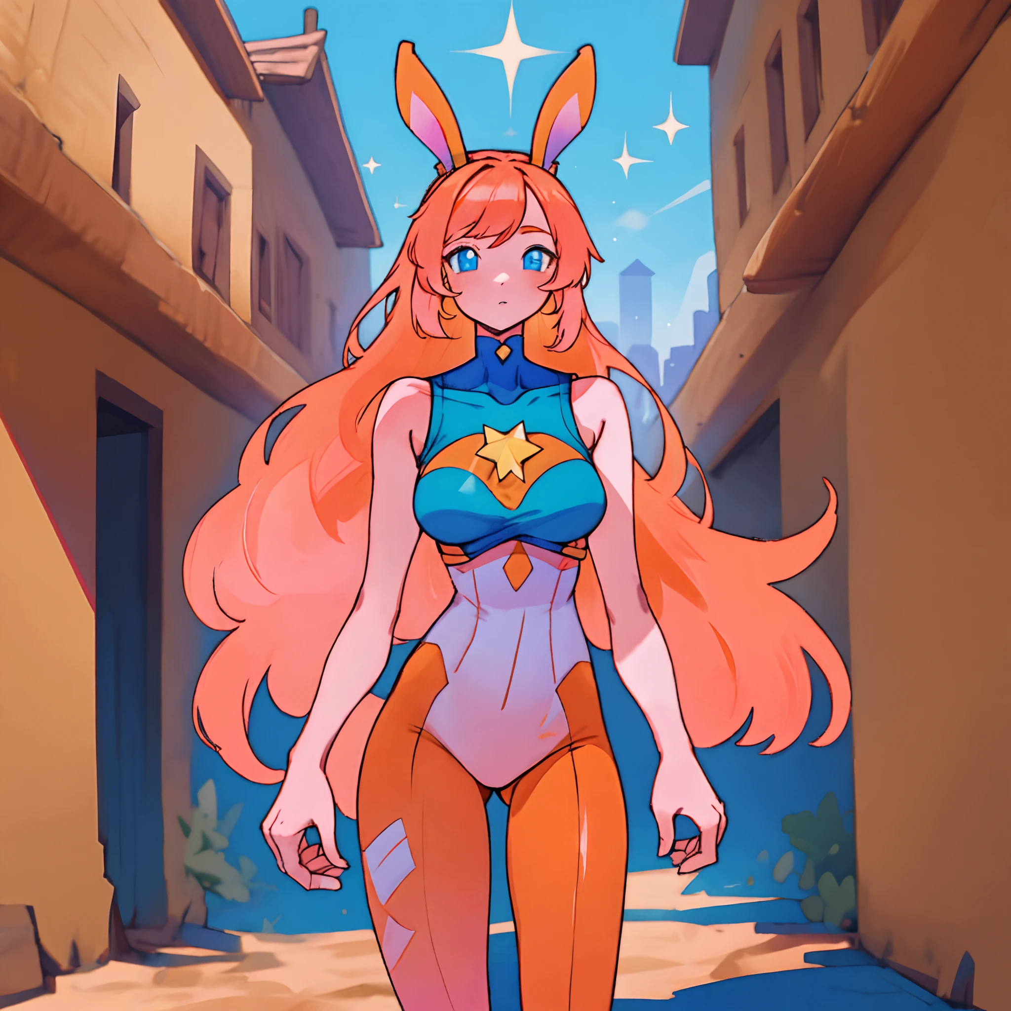 (absurdres, highres, ultra detailed), 2d, anime, 1girl, long legs, full body, orange skin, mature female, (orange-pink hair 1.0) very long hair, blue eyes, white pupil, hero, (sleeveless) blue spandex bodysuit, long orange rabbit ears, fake animal ears, finely detailed eyes and detailed face, cowboy shot, vibrant colors, star motif, good composition, standing in a fantasy desert village, buildings,