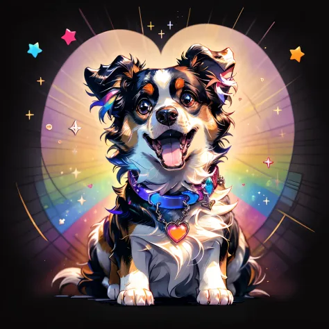 Niji Pride, solo, smile, open mouth, heart, star (symbol), collar, no humans, sparkle, fangs, looking up, spaniel, animal focus,...