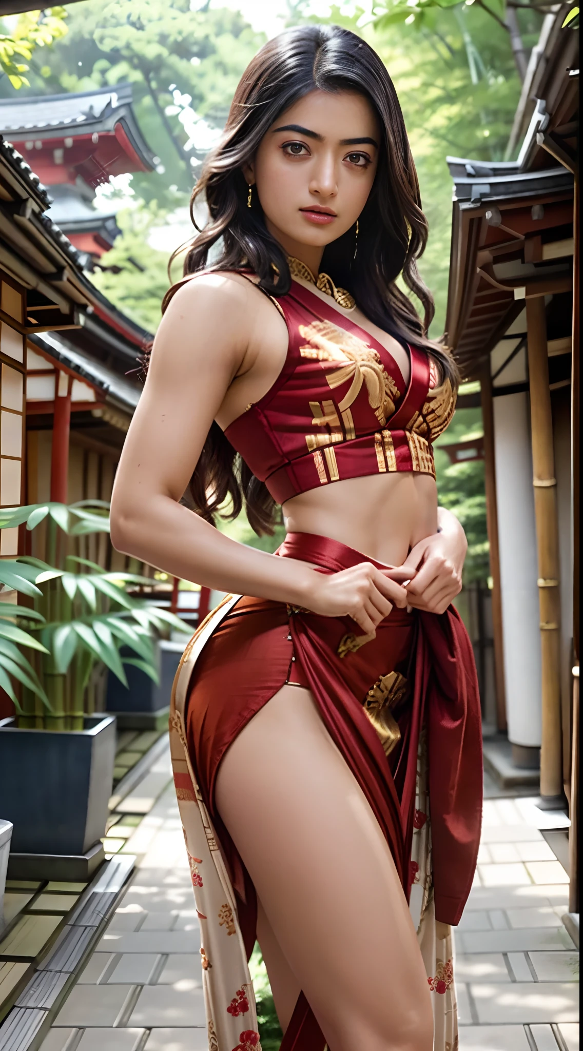 (Rashmika) Hyper realistic super detailed sexy 24-year-old full-length woman (with large breasts), cup size E, trending on cgstation, (in a long silk robe with Japanese motifs, taut clothes, frank, fits the body, fits the chest), a confident girl, The photo was taken from the front, from the top corner, facing the photographer, Foreground photo , (Looking Ahead), NSFW, (frontal view, facing the photographer, (the pose, standingn, A street in Japan, bamboo grove)), ( Coiling hair),  Very detailed, sexy facial expressions, seductive facial expressions, [:(face detail: 1.4): 0.4], 16K resolution, 4k resolution, dinamic lighting, high-definition resolution, (sexy pose, seductive position), (elongated chest,: 1.7), (slimness: 1.2), (Narrow waist: 1.6), (Slim legs: 1.4), (hyper realisitc: 1.4), (back light: 1.2), (Sunlight: 1), (full height: 1.8), (pectoral muscles: 1.3), (contrasting background: 1.5), (Hyper-Realistic Arm Anatomy), (Hyper-Realistic Leg Anatomy), (Clean skin), (Veins Not Visible: 1.5), (Cinematic lighting: 1.7), (Intimate), (NVIDIA RTX Ray Tracing Technology), (Hyper-Realistic Arm Anatomy: 2), (Perfect flat stomach), (Color Image), 8mm Film Grain, Shot on Sony A9 II, 85 mm lens, f/1.8 Aperture, Deep Focus (10-bit RAW), The file weighs a lot, (CGI Art:1.3)