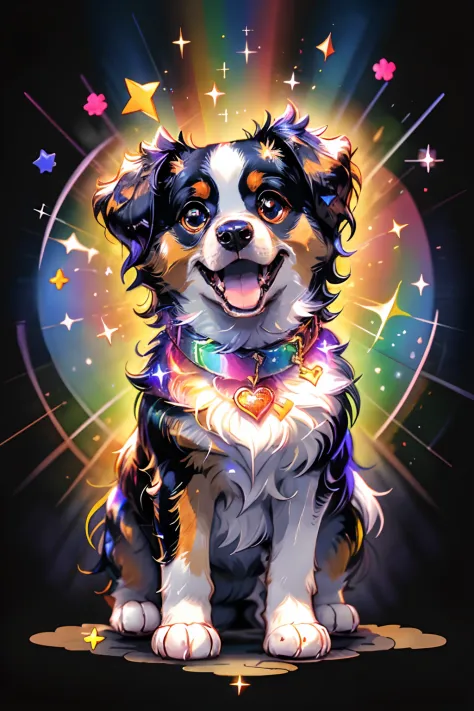 niji pride, solo, smile, open mouth, heart, star (symbol), collar, no humans, sparkle, fangs, looking up, spaniel, animal focus,...