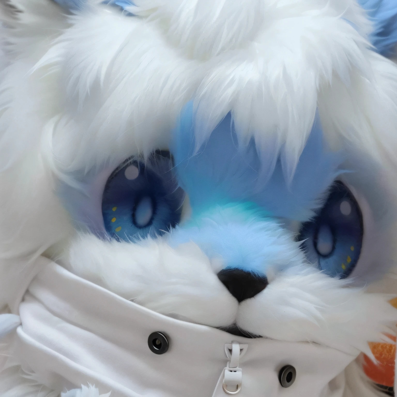 There is a white coat and a plush toy with blue eyes, fur set, fur set!!!!, the furry fursuit is running, 4 k hd fur face!!!, fluffy chest, Blue fur，There are white spots, macro furry, White fox ears, cute fumo plush fox girl, plushies, closeup detailed, [ closeup cleavage ]!!, cute furry needs your help, Blue fur, Wear clothes with super large necklines，