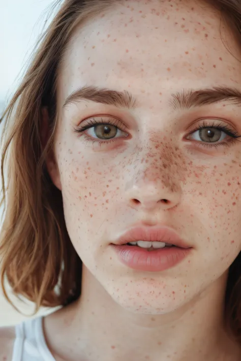 Portrait of a woman with freckles on her face and a white tank top, white freckles, freckles face, pale freckled skin, freckles, alessio albi, elegant freckles, soft freckles, with freckles, freckles, close-up close-up portrait close-up, light freckles, fr...