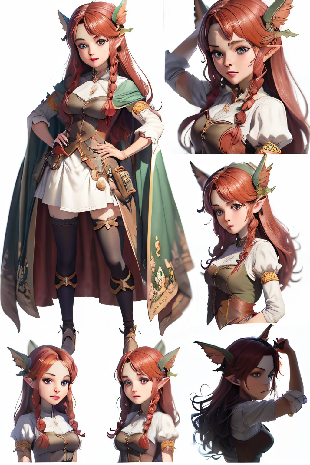 a group of photos of a woman with red hair and a cape, 2. 5 d CGI动漫奇幻艺术作品,  Eleven, stunning character art, fantasy character design, cushart krenz key art feminine, fantasy character hiperdetalhado, high quality character design, by senior character artist, arte do fantasy character, detailed character art, detailed character art de anime, fantasy character