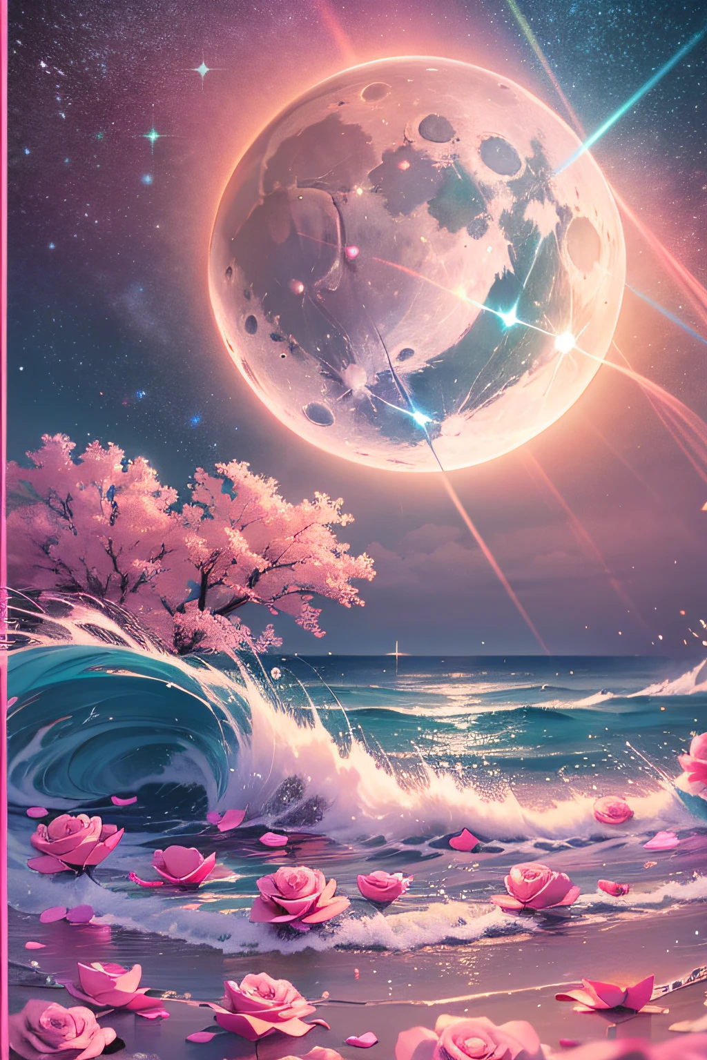 Orange moon, teal sky, soft pink clouds, teal ocean waves sparkling, sparkling, pink roses on pink ocean, fantasy, diamond, crown, universe, soft lights,