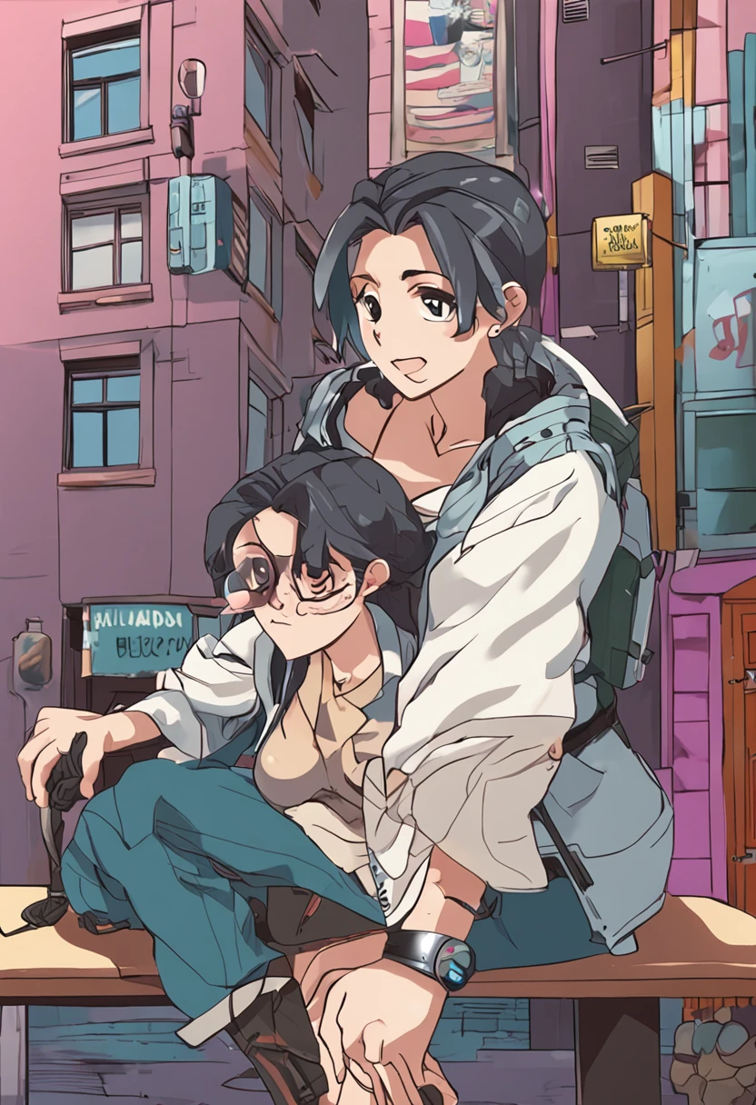 A couple of anime characters sitting on a bench in a city - SeaArt AI