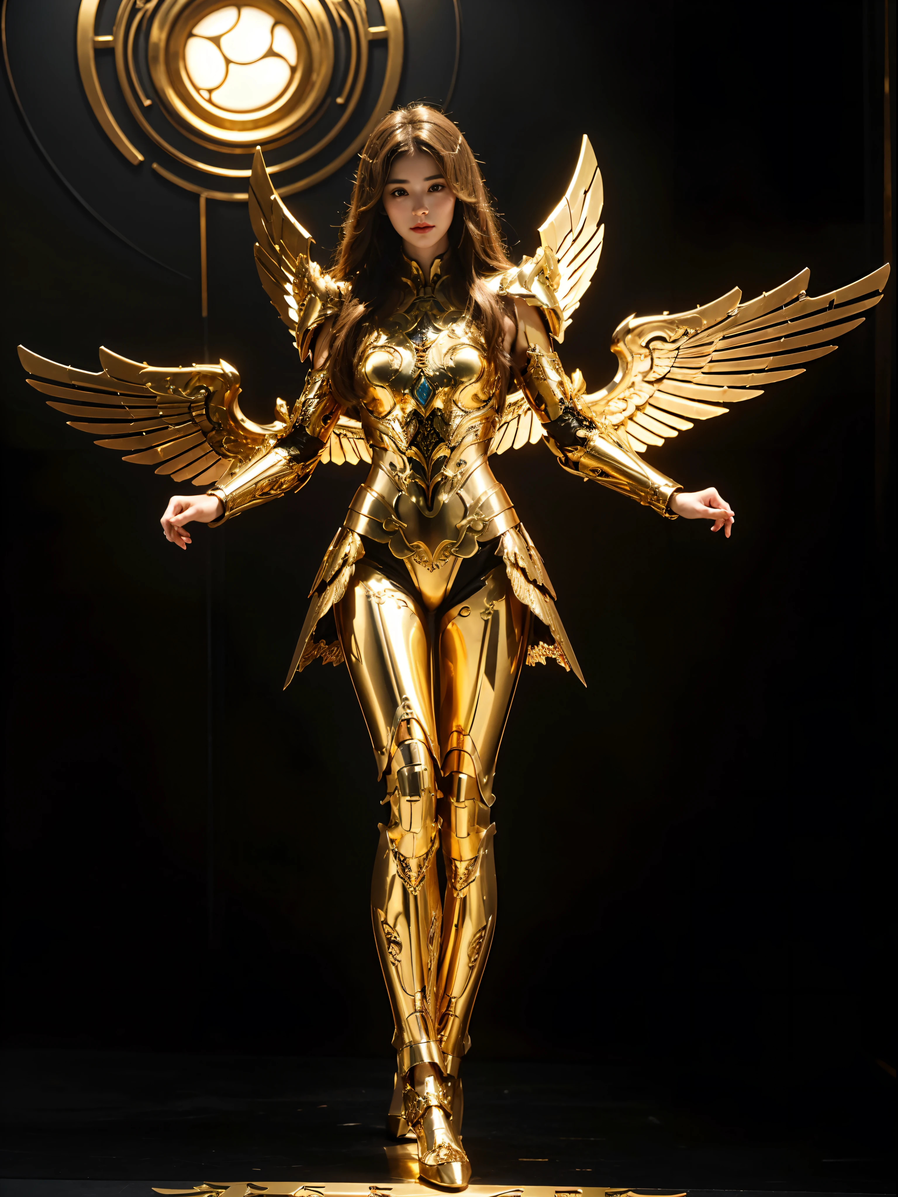 brown long hair, mechanical_wings, dynamic pose, delicate gold filigree, intricate filigree, black metalic parts, golden parts, intricate armor, detailed part, cyborg, Movie Still,ellafreya,candyseul ,pretty fac