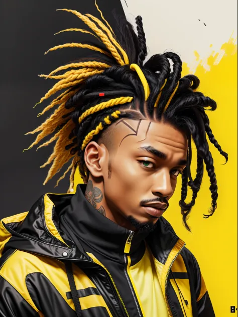 1 rapper with twist hair. black, green and yellow techwear jacket, minimalist abstract background