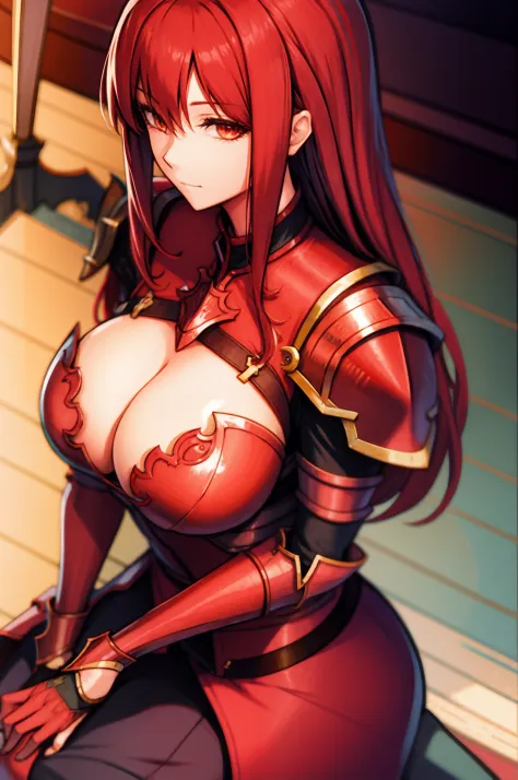 (((Female anime named Roxine))), female anime character with (((long red hair))), wearing a (((female red armor))), (((big breasts))) and sitting on a throne.