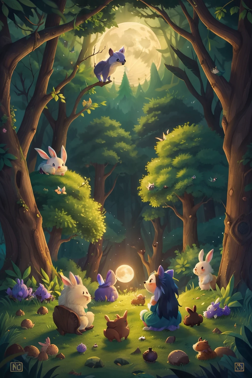 floresta encantada, a lua cheia surge por trás das colinas, os coelhos e ouriços sentam e observam a lua