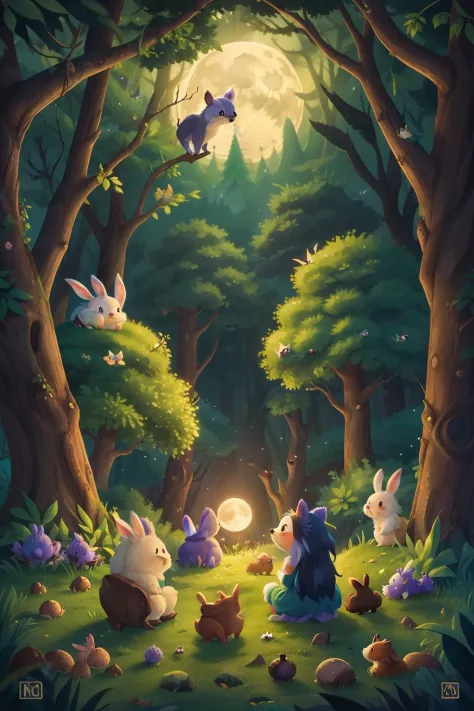 enchanted forest, the full moon rises from behind the hills, the bunnies and hedgehogs sit and watch the moon