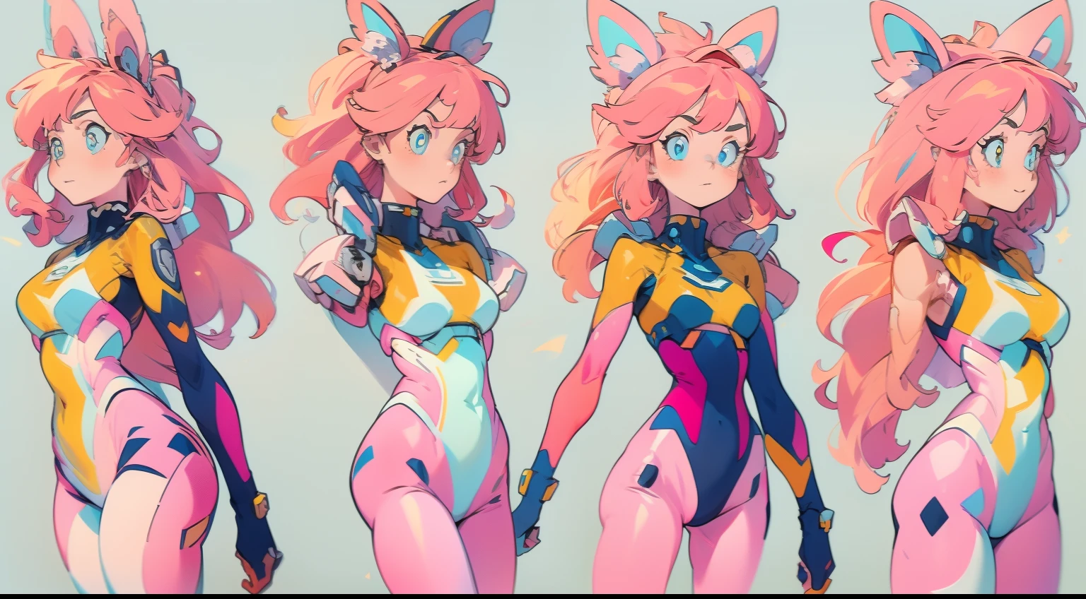(masterpiece:1.2, best quality), 1woman, cute face, big eyes, round cubby cute face, smile, long legs, full body, adult mature female (spiky orange-pink hair, (orange-pink mullet 1.1)), (very long hair), blue eyes, (white/yellow pupil,) hero, sleeveless blue spandex bodysuit, long orange-pink rabbit ears, pink bodysuit ((masterpiece)), (((best quality))), (character design sheet, same character full body, front, side, back), Illustration, 1 girl, hair color, bangs, hair fax, eyes, environment change, pose kota, female
