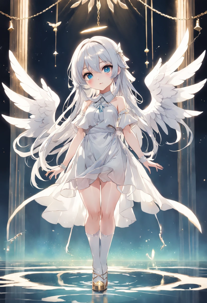 A woman with white hair and angel wings standing in water - SeaArt AI