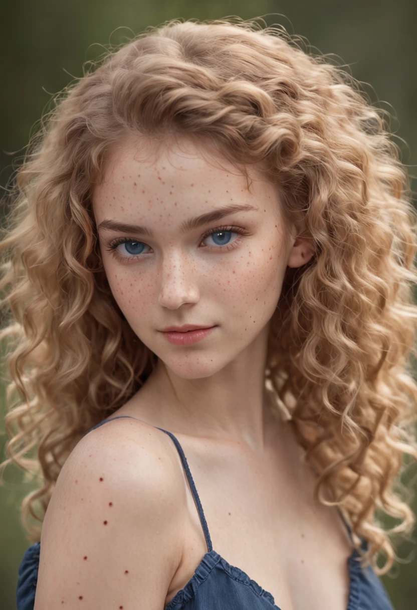 "Full body portrait of a charming 18 year old women with curly hay coloured hair, a late 80s hair style look, small freckles,  figure, beautiful face, captivating dark blue eyes, and modest bust size, showcasing her natural beauty."