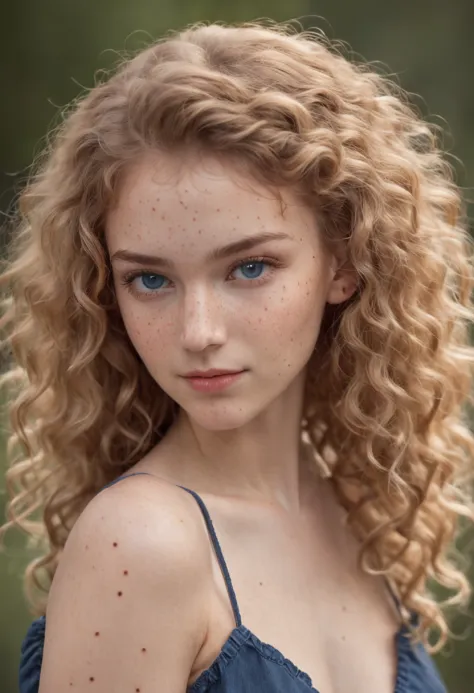 "Full body portrait of a charming 18 year old women with curly hay coloured hair, a late 80s hair style look, small freckles, petite figure, beautiful face, captivating dark blue eyes, and modest bust size, showcasing her natural beauty."