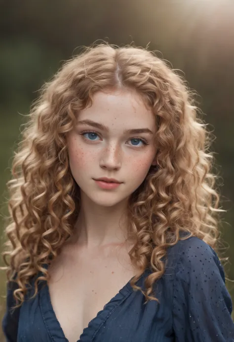 "Full body portrait of a charming 18 year old women with curly hay coloured hair, a late 80s hair style look, small freckles, beautiful face, captivating dark blue eyes, and modest bust size, showcasing her natural beauty."