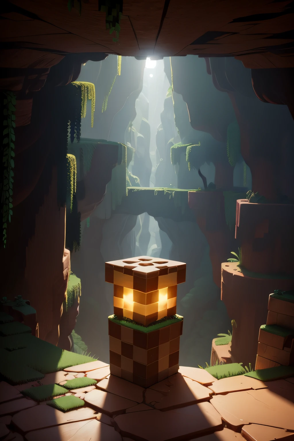 A small box in a cave with a light shining on it - SeaArt AI