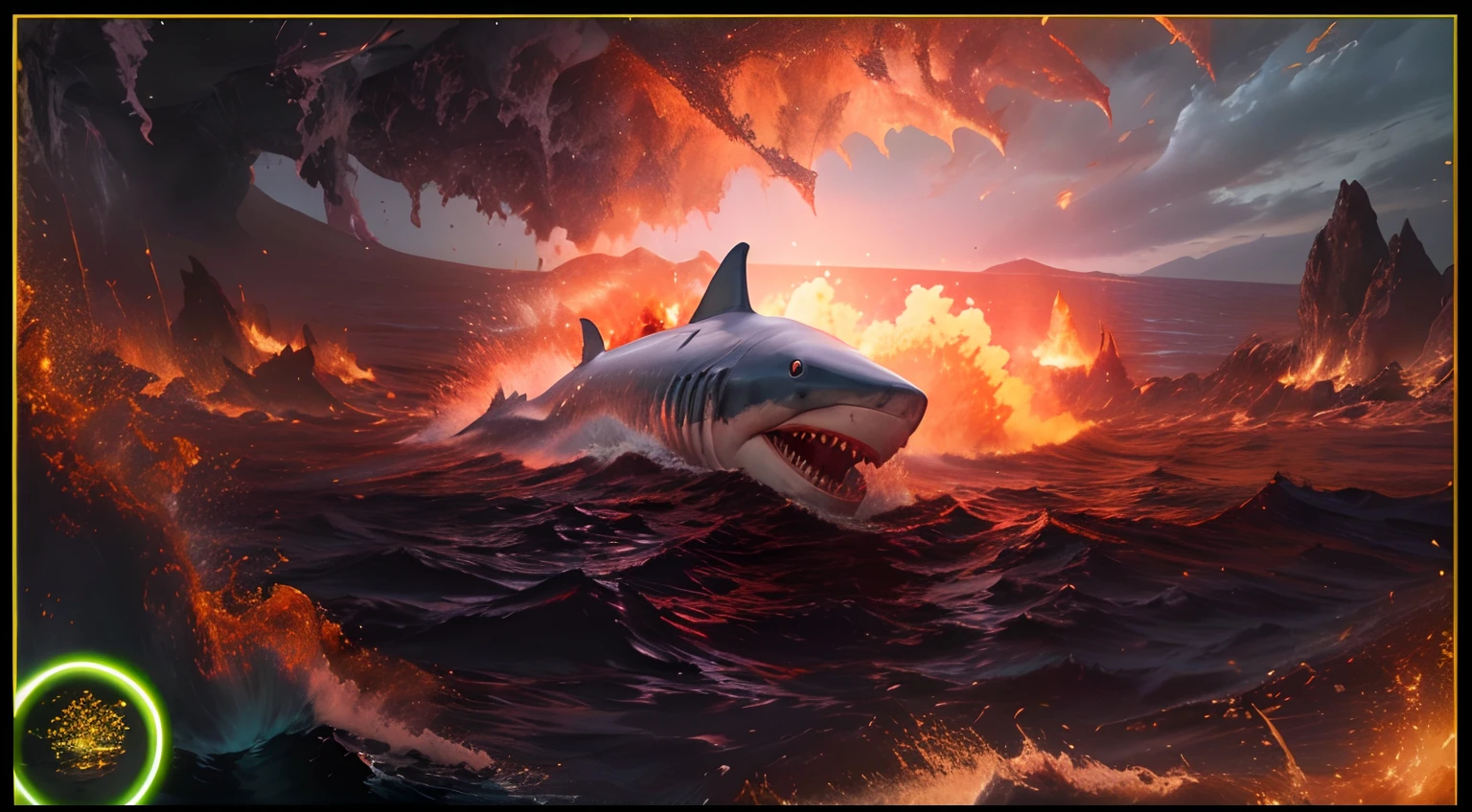 ['Ultra realistic white shark, Shark ULRA REAL, Shark swimming in the lava of the erupting volcano in great detail, super real white shark, lavas on top of the shark, volcano eruption, shark swimming in super realistic ultra high quality super high lavas, REAL SHARK, real shark true super quality']