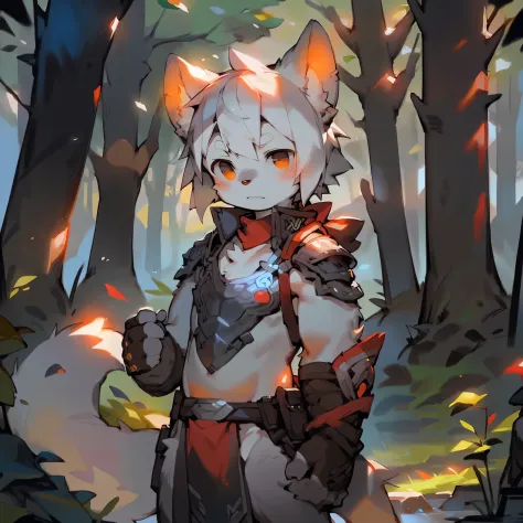 a young knight male wolf cub standing proudly in a forest at dusk, long tail, wearing intricate silver armor, Digital illustrations with cinematic lighting. QUEBRAR Anthro,furry,wild,(Digital media:1.2),(nothing,absurd nothing:1.2),Perfect anatomy,Anatomic...