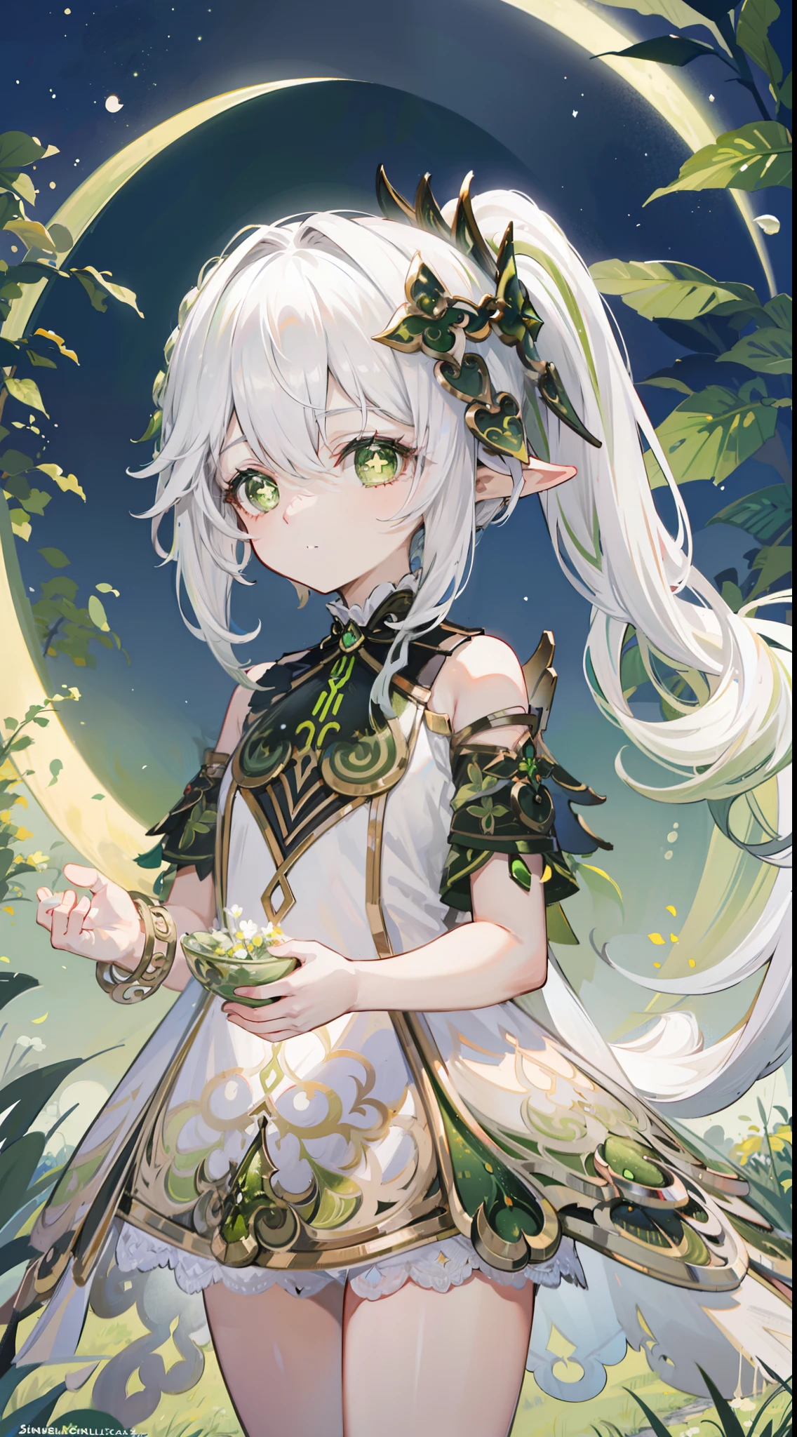 Nahida_Genshin,(White hair),cross-shaped pupils,default_dress,Green cape,simplebackground，themoon，The breath of life，green color，grassy fields，The breath of life，Gentle and powerful divinity，A sense of majesty