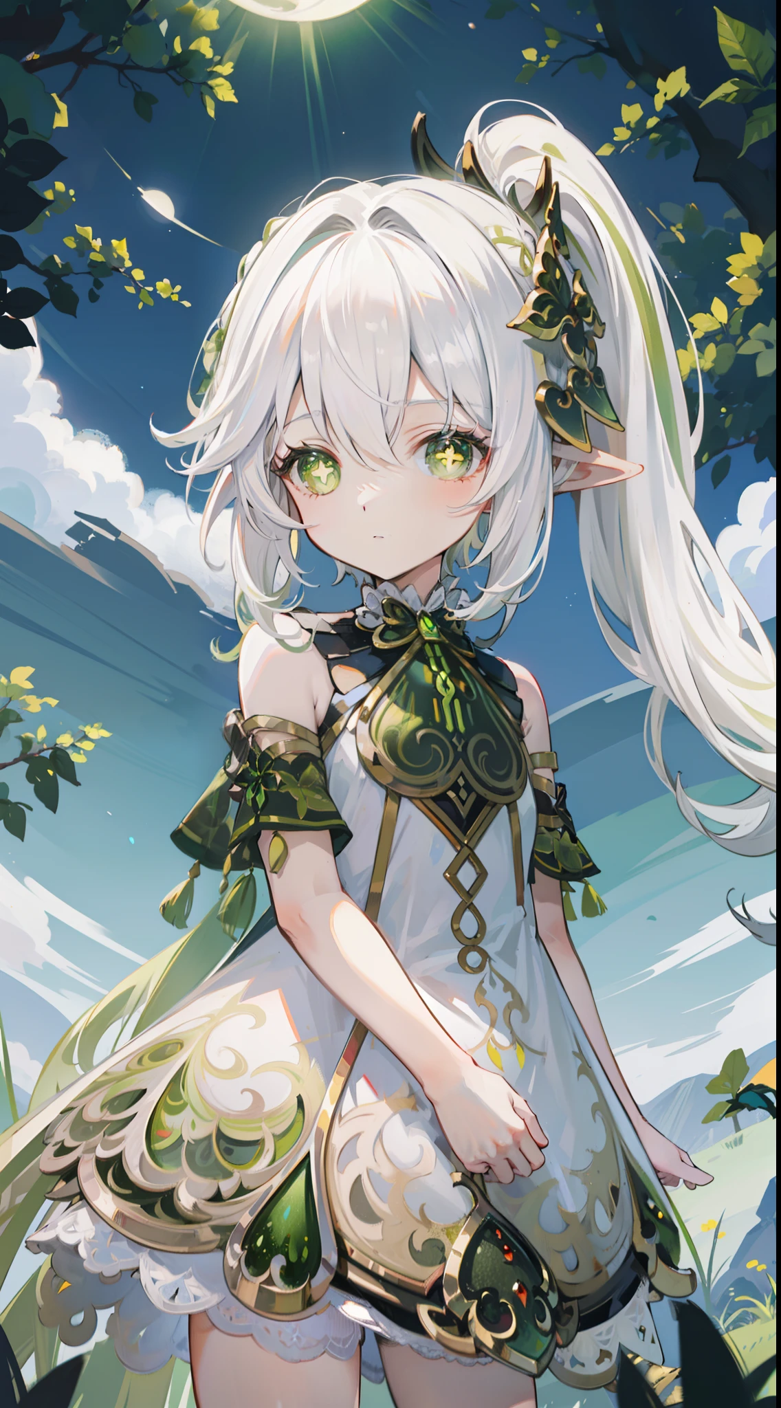 Nahida_Genshin,(White hair),cross-shaped pupils,default_dress,Green cape,simplebackground，themoon，The breath of life，green color，grassy fields，The breath of life，Gentle and powerful divinity，A sense of majesty