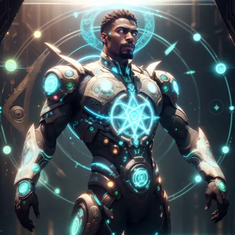 glyphtech ,hologram, glyphs,  symbols, 
,scifi,
black man, gigachad, green glowing eyes