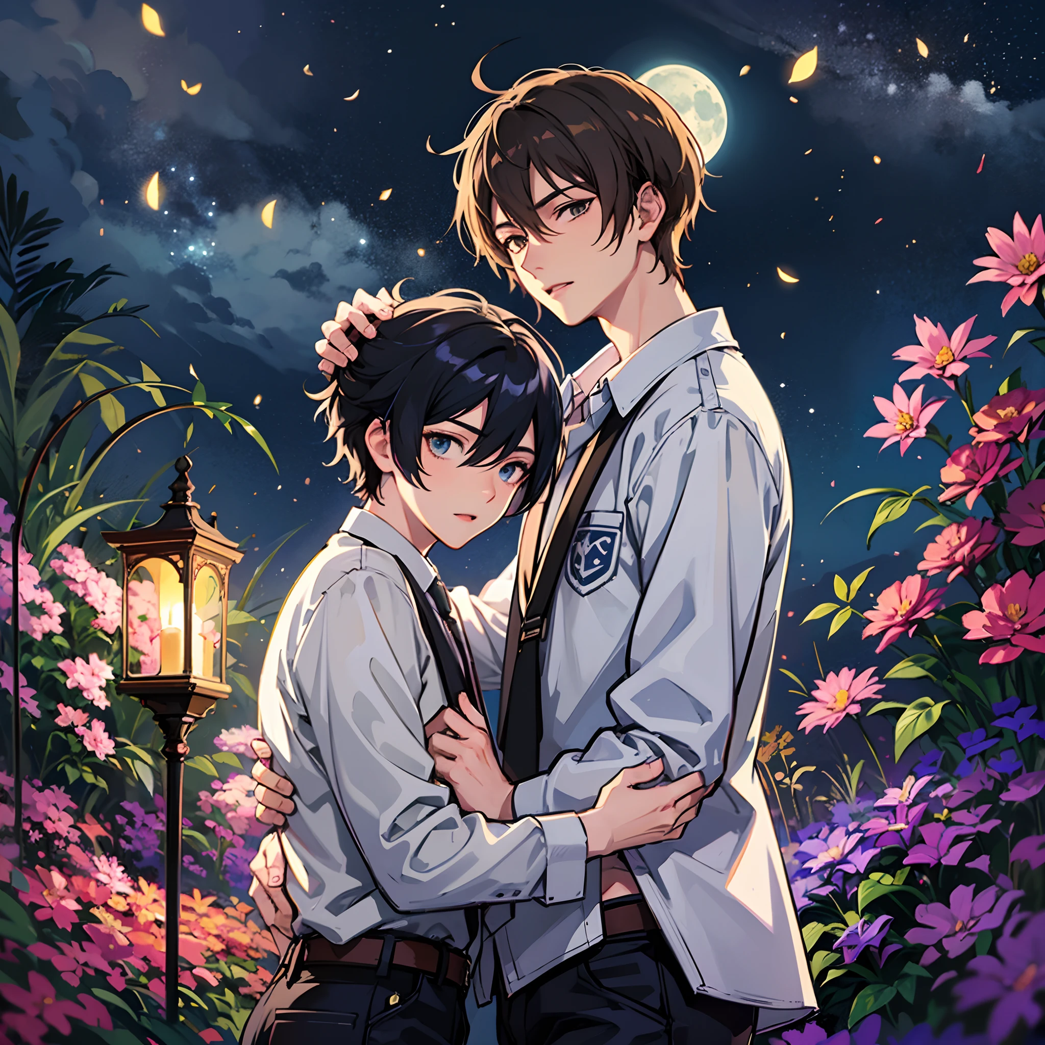 Couple gay de deux garçons appuyés l&#39;un contre l&#39;autre regardant le clair de lune dans un point de vue plein de fleurs et de lucioles la nuit, style animé --auto --s2