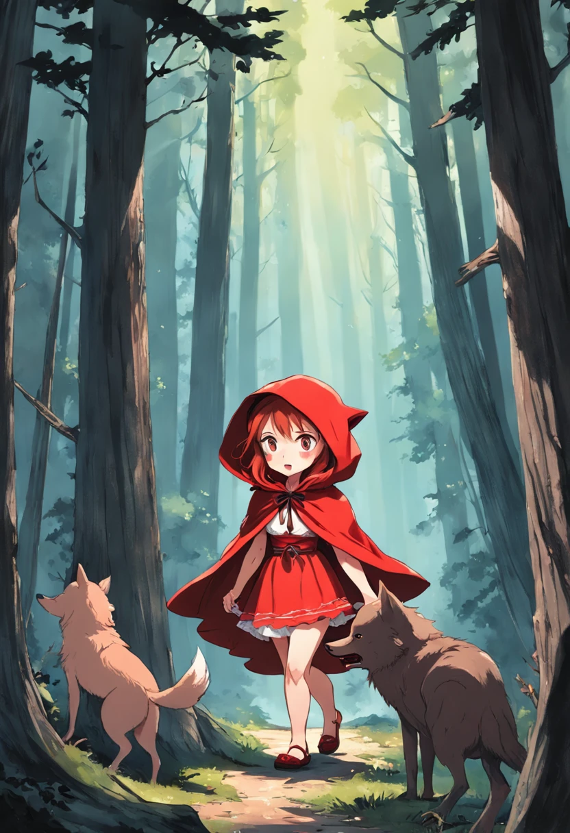 A girl in a red dress and a wolf are walking through the woods - SeaArt AI