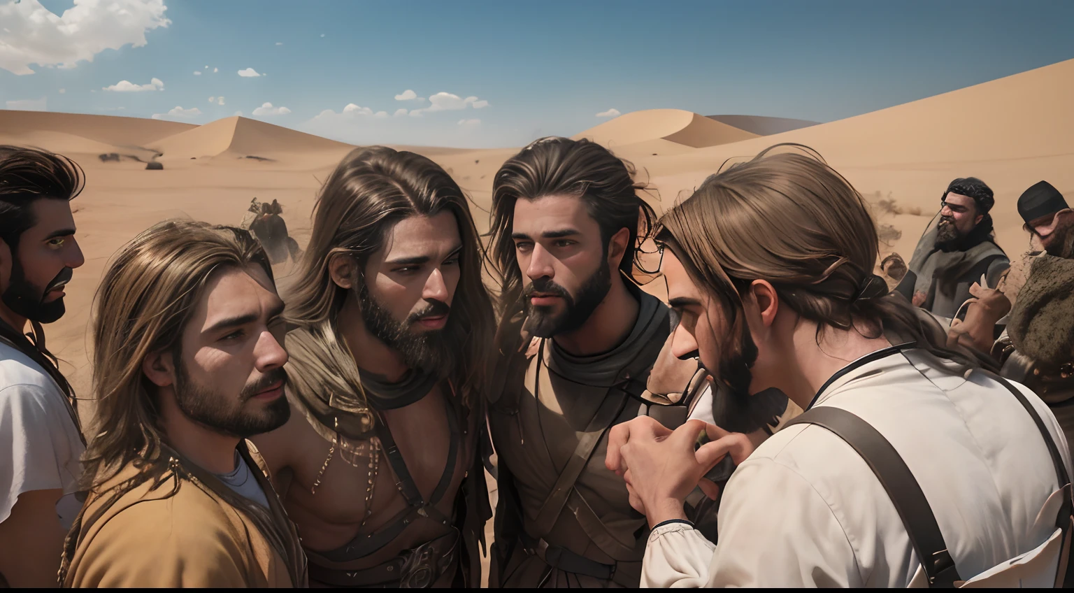 muitos homens, fotografia, retrato biblico de moises conversando com muitos homens da sua tribo em duna, com moises no centro do circulo, muitos homens a volta, deserto, barba, Trajes bíblicos, realista, absurdos, detalhado,