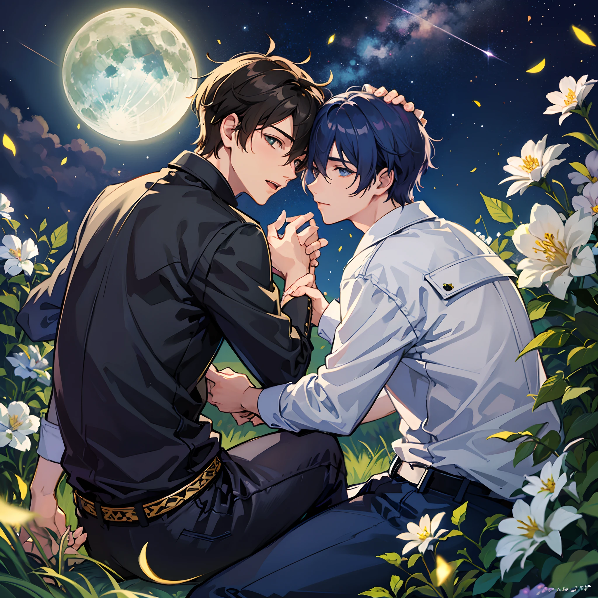 Anime couple sitting in the grass with flowers and a full moon - SeaArt AI