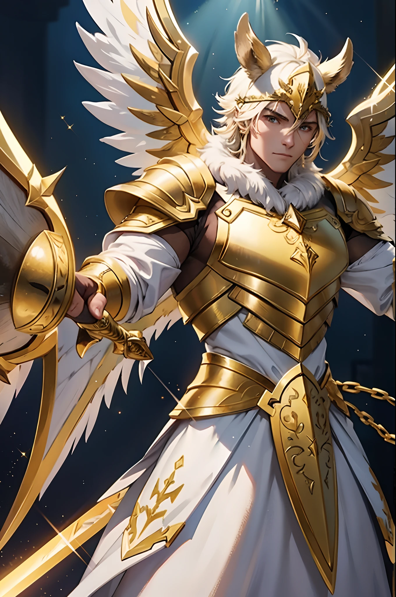 金色發光皮毛的野豬, 带金色装饰的白色盔甲, 一把發光的金色劍, 盾, 由光構成的翅膀, 傑作, 最好的品質
