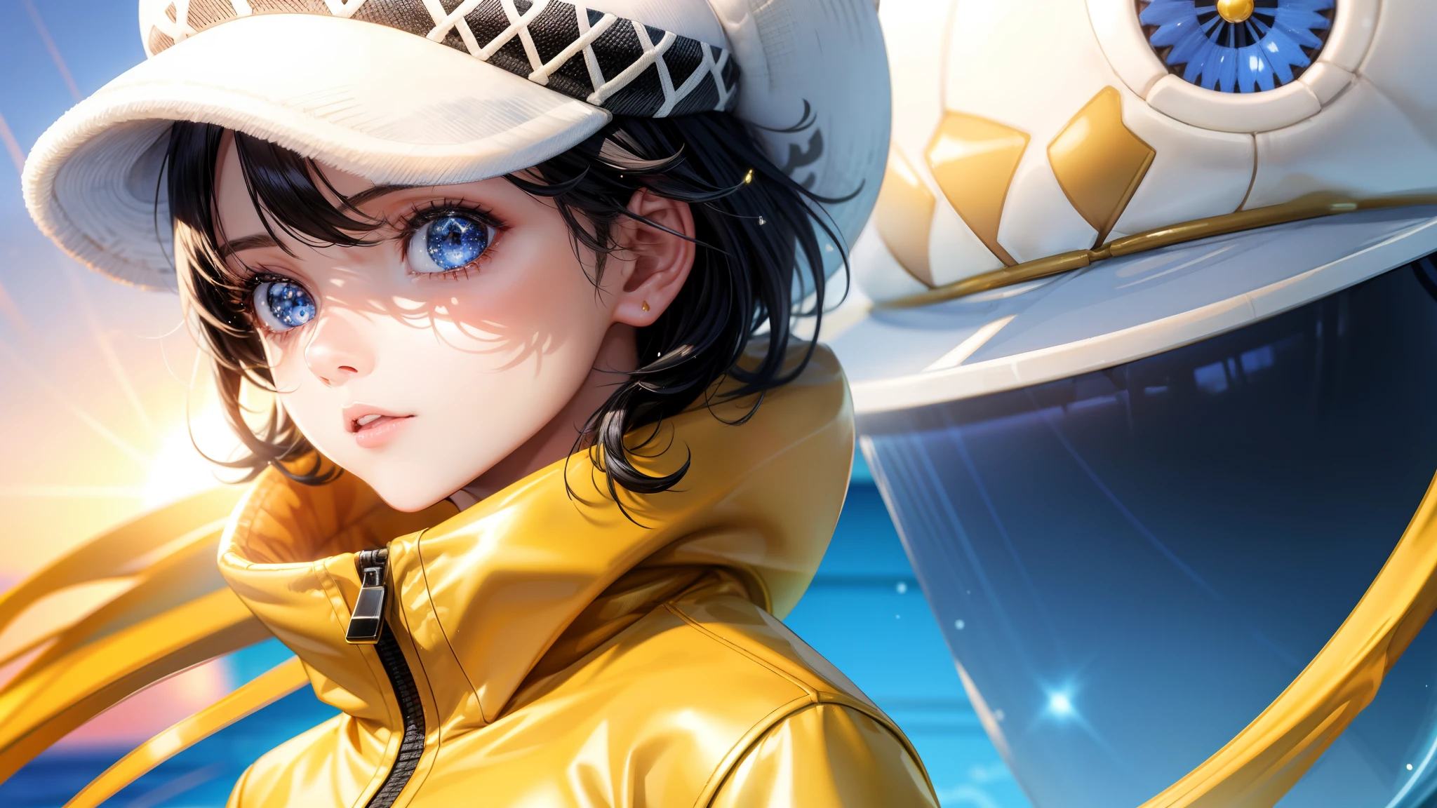 1女孩, 集中上身, 实际的, 短黑发和闪亮的蓝眼睛, 日出, 在船上, 阳光, 白帽, (黄色夹克)