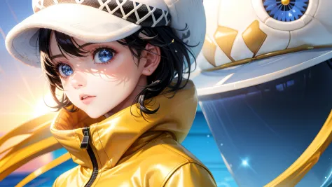 1girl, focused upper body, realistic, short black hair and sparkling blue eyes, sunrise, on a ship, sunlight, white hat, (yellow...