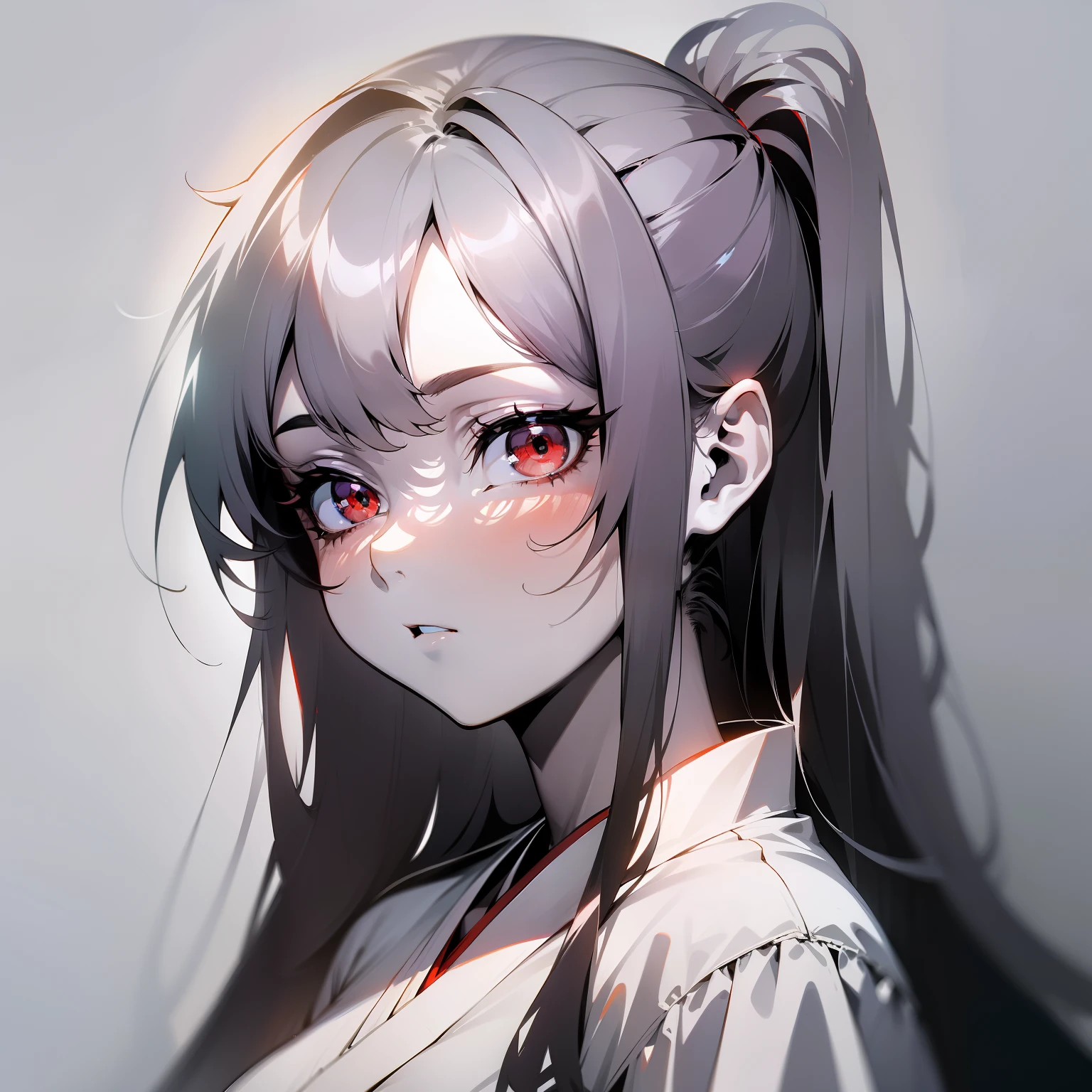 (Japanese anime, slender, glossy, light and shadow, shadow, tsundere style), best image quality, silver hairstyle, red eyes, white shirt, monochrome background.