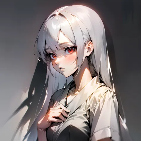 (japanese anime, slender, glossy, light and shadow, shadow, tsundere style), best image quality, silver hairstyle, red eyes, whi...