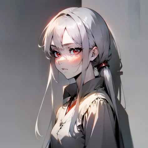 (Japanese anime, slender, glossy, light and shadow, shadow, tsundere style), best image quality, silver hairstyle, red eyes, whi...