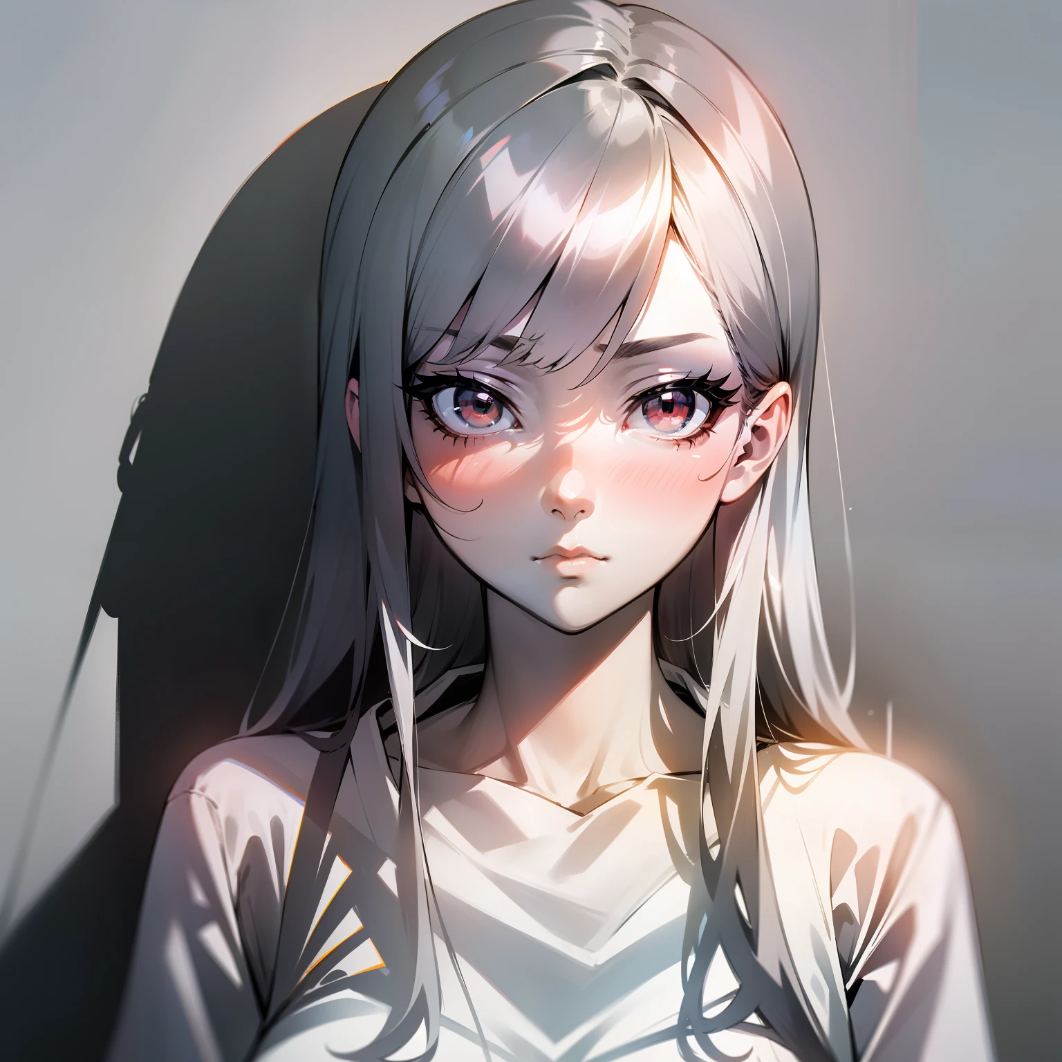 (Japanese anime, slender, glossy, light and shadow, shadow, tsundere style), best image quality, silver hairstyle, red eyes, white shirt, monochrome background.