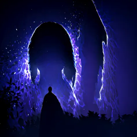 Best quality, highest resolution, 1 man,"A mysterious and enigmatic presence veiled within the form of a distorted shadow.", zoomed out, dark picture, dark silhouette, shadow of a sakura tree, night time