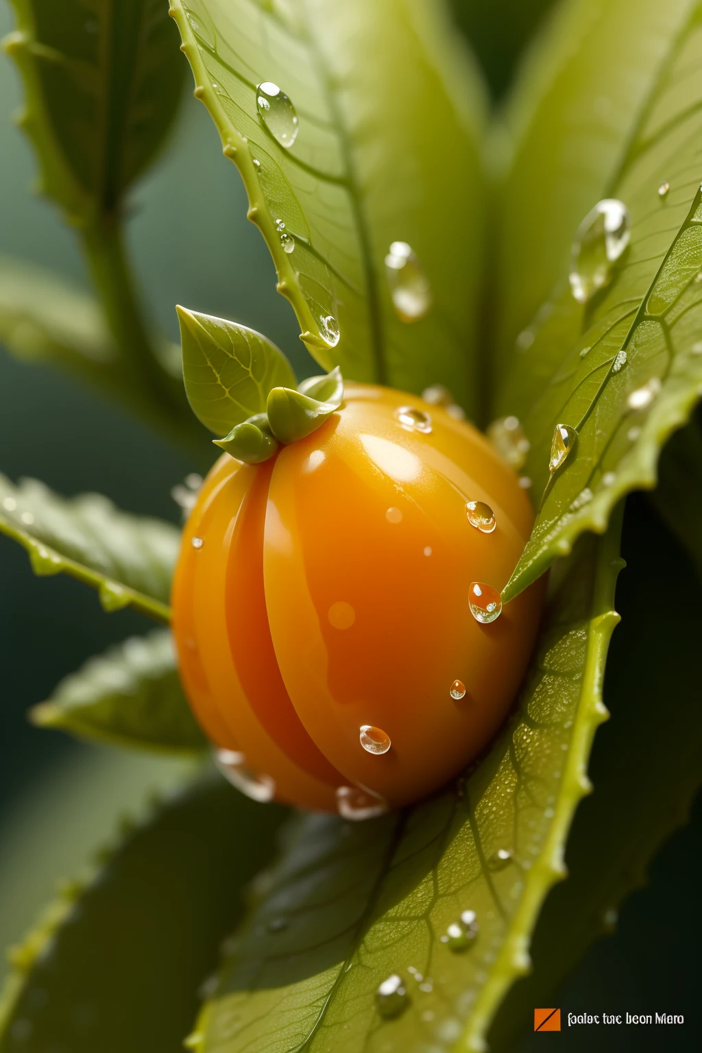 Dew on sea buckthorn leaves，closeup cleavage，Sea buckthorn fruit oval shape，Dewdrop close-up，