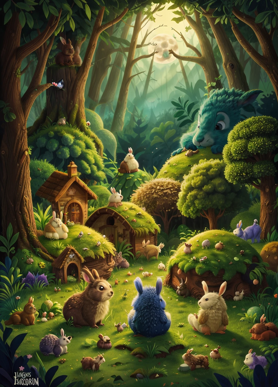 마법에 걸린 숲, 보름달이 언덕 뒤에서 떠오른다, 토끼와 고슴도치가 앉아서 달을 바라본다