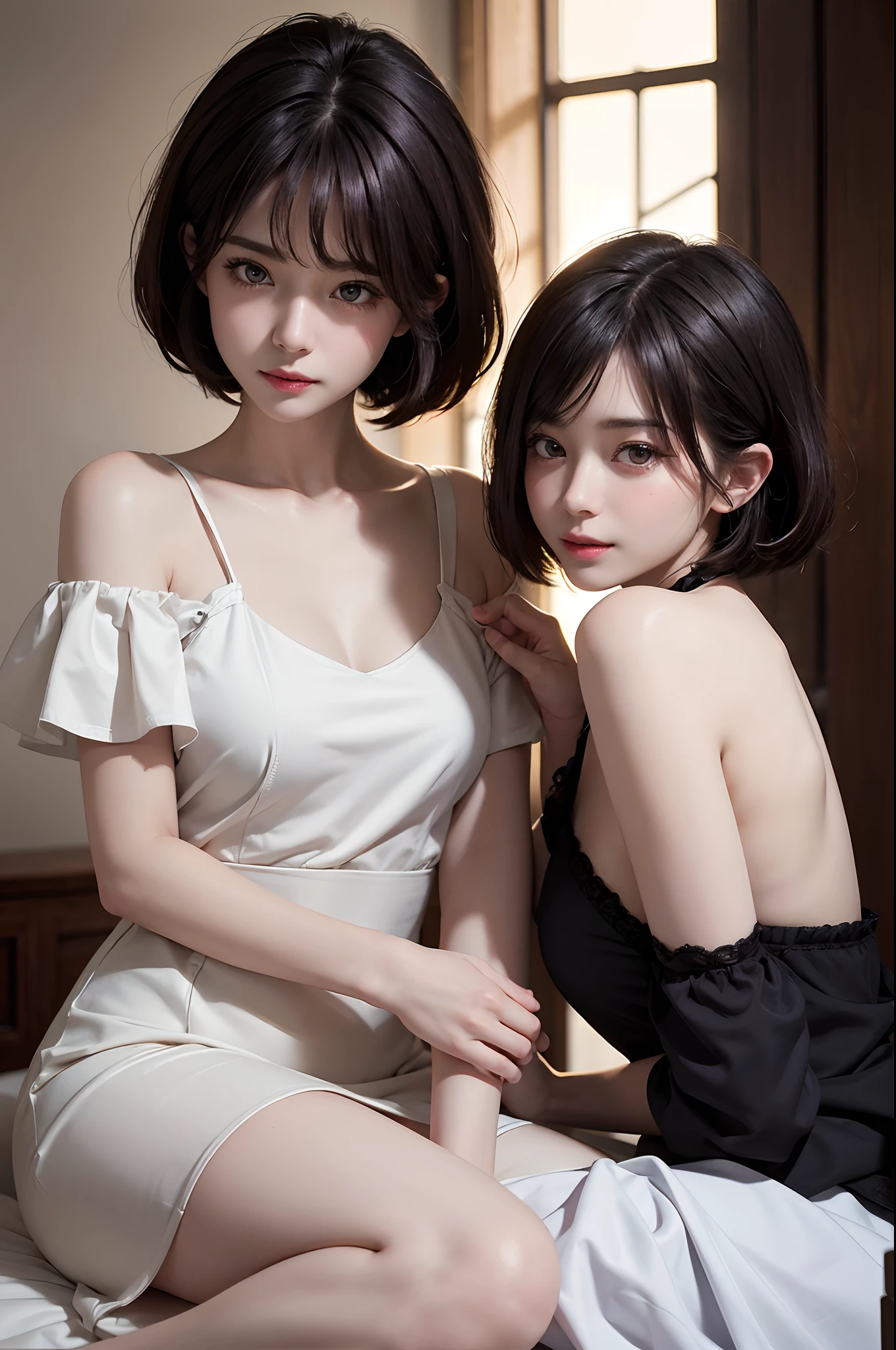 (Masterpiece)、(Photorealsitic、Raw photography、top-quality: 1.4)、(1womanl)、beautiful expression、(A slight smil)、(A dark-haired、short-hair:1.3)、Beautiful hairstyle、realisticeyes、Beautiful details、（real looking skin）、Beautiful skins、enticing、超A high resolution、A hyper-realistic、high-detail、the golden ratio