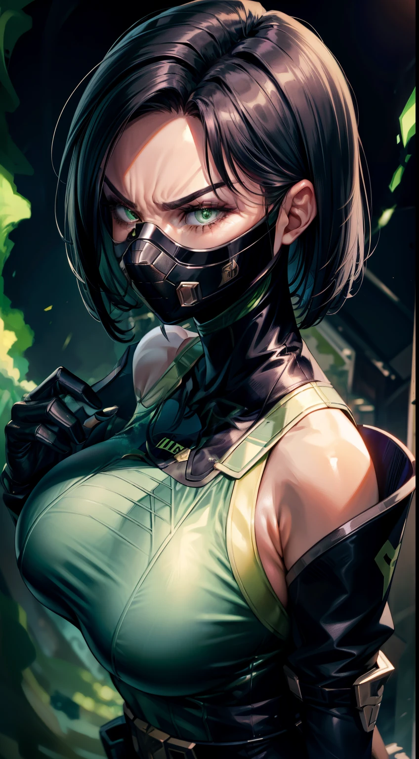 Masterpiece, Best quality,look from down，Facing the screen，《Fearless viper》, tightsuit, mitts, belt, thigh boots, respirator, view the viewer, face, Portrait, Close-up, Super close，Red-faced，Glowing eyes, green smoke, Black background,huge tit，Raised chest，Close-up of chest，oversized ，chest focus，Woman in a swimsuit，angry look，Extremely erotic figure，Staring angrily at the screen，Facing the screen，High-gloss dark style