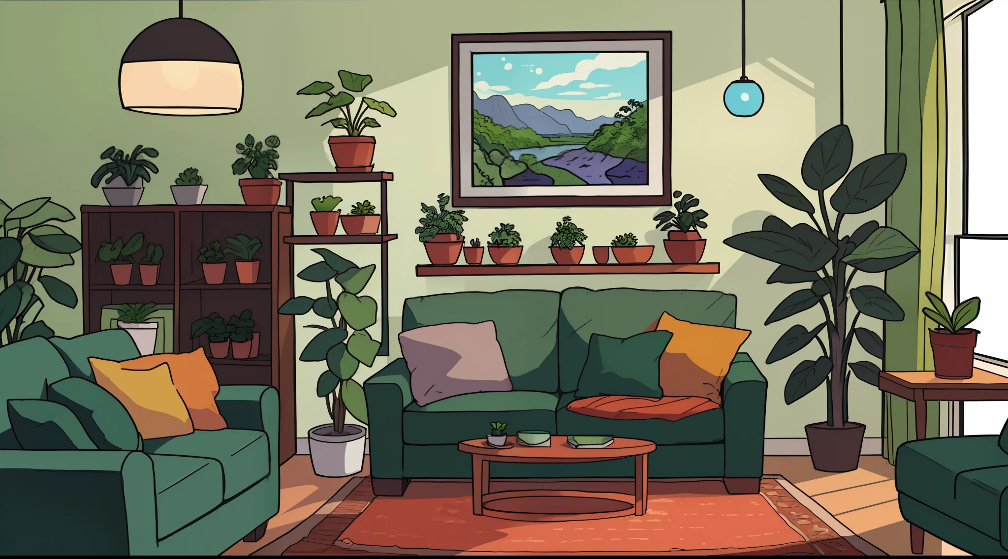 sala de estar verde, plantas, vista do nível dos olhos